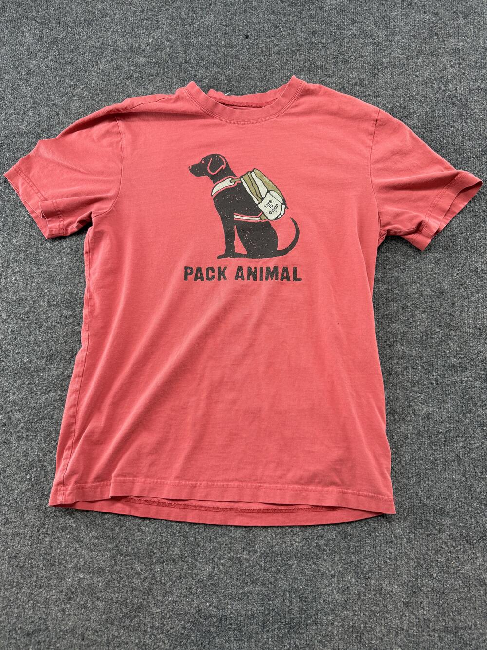 Life Is Good Shirt Mens Small Red Pack Animal Dog Backpack Graphic Camping Tee